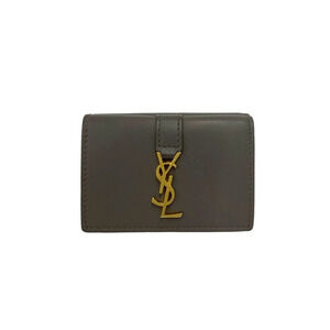 YVES SAINT LAURENT Origami Tiny Wallet YSL Logo Hardware Leather Tri-fold Gra...